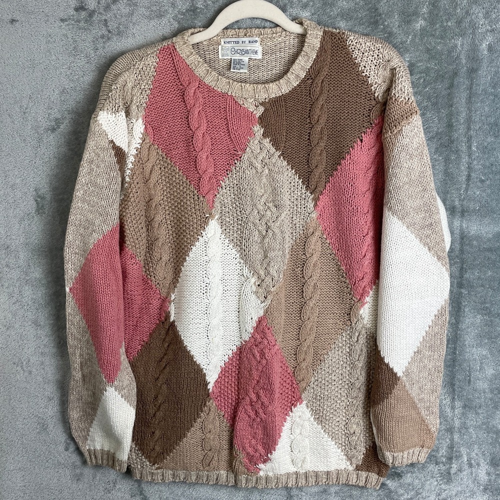 Vtg Chrysantheme Chunky Cable Knit Sweater Womens Large Brown Tan Pink Cabincore